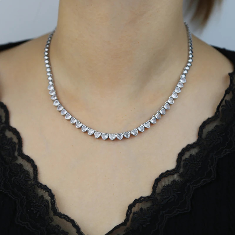 2024 Arrived Valentines Day High Polished Shiny Heart Cz Tennis Link Chain Choker Necklaces For Women Fashion Jewelry Gifts 240719