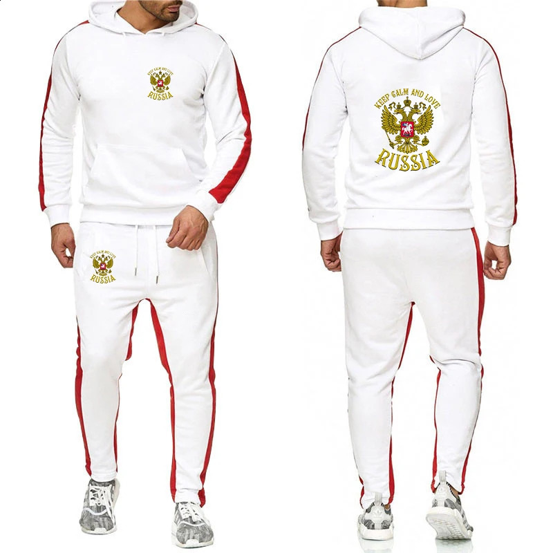 Men Printing Russia Badge Autumn and Winter Solid Color Hoodie Pants Twopiece Fashion Casual Sports Set 240722