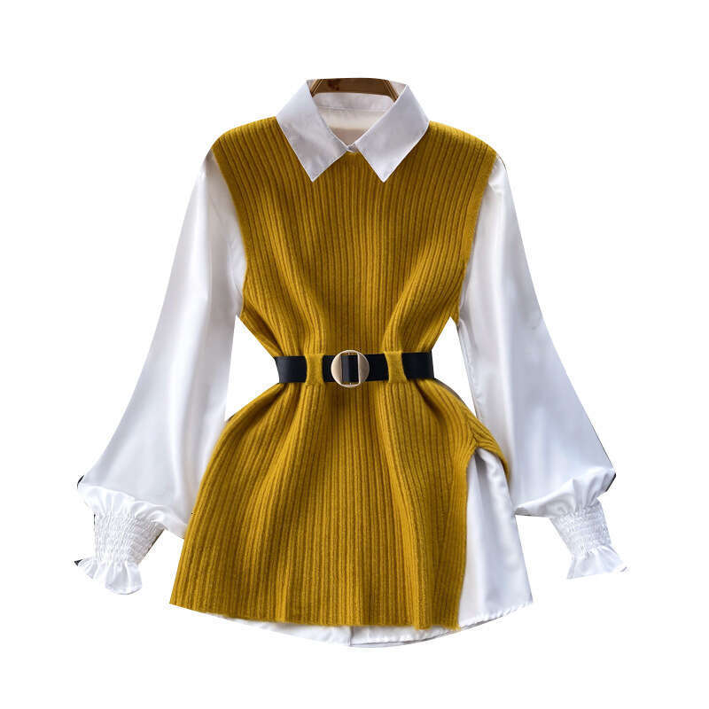 Light Luxury Celebrity Womens Loose Long Sleeve White Shirt Top+split Knitted Tank Top Vest Two Piece Set 0.4kg Sexy Dress Short Temperament Sexy Deni