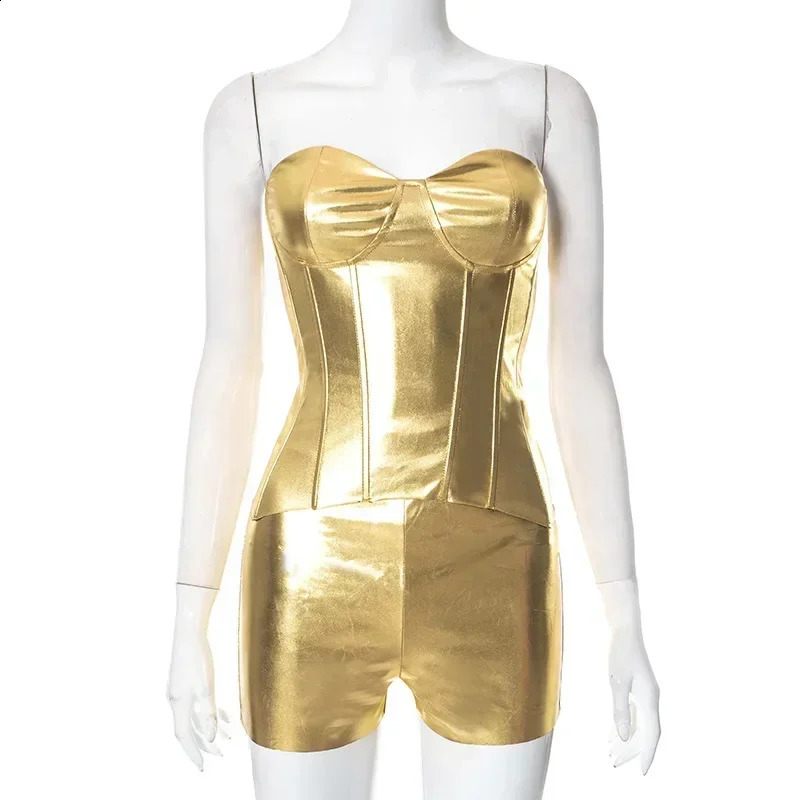 ANJAMANOR Sexy Baddie 2 Piece Set Metallic Gold Silver Busiter Corset Top and Shorts Two Piece Set Women Club Outfits D85-DI17 240718