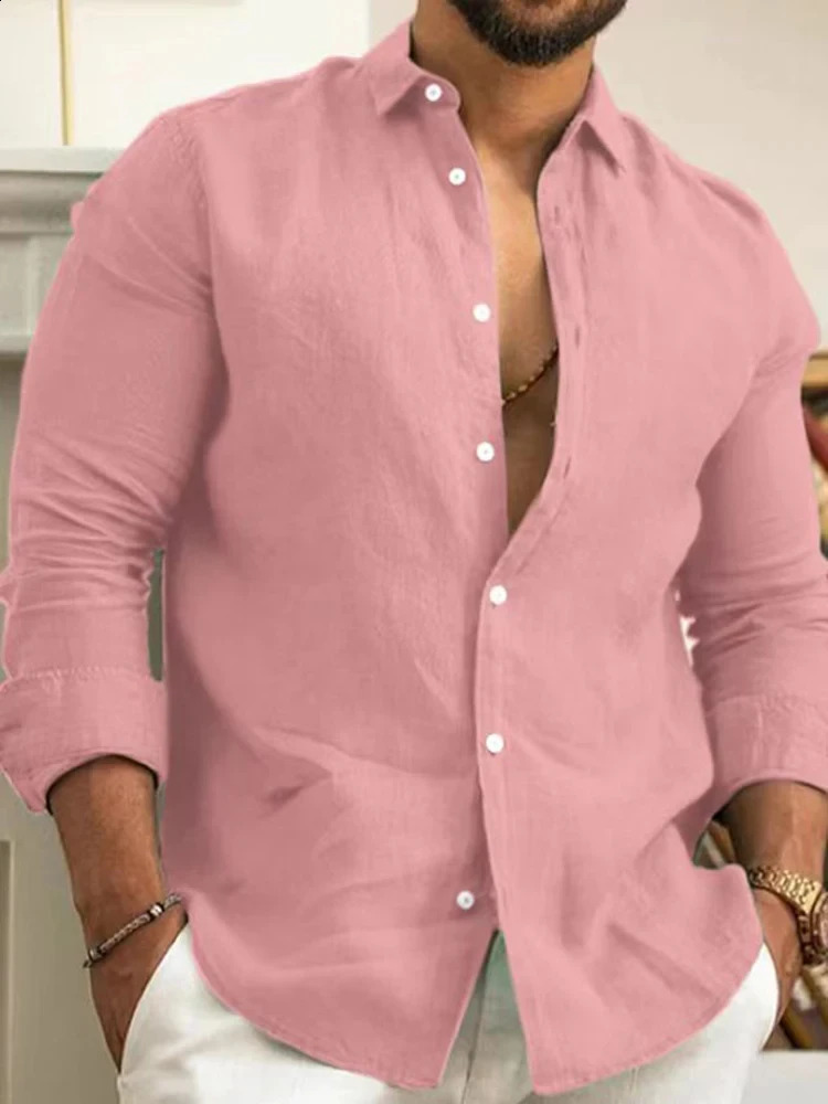 Solid Cotton Linen Shirt For Men Classic Button-down Lapel Long-sleeved Shirt For Spring And Autumn Fashion Loose Mens Top 240723