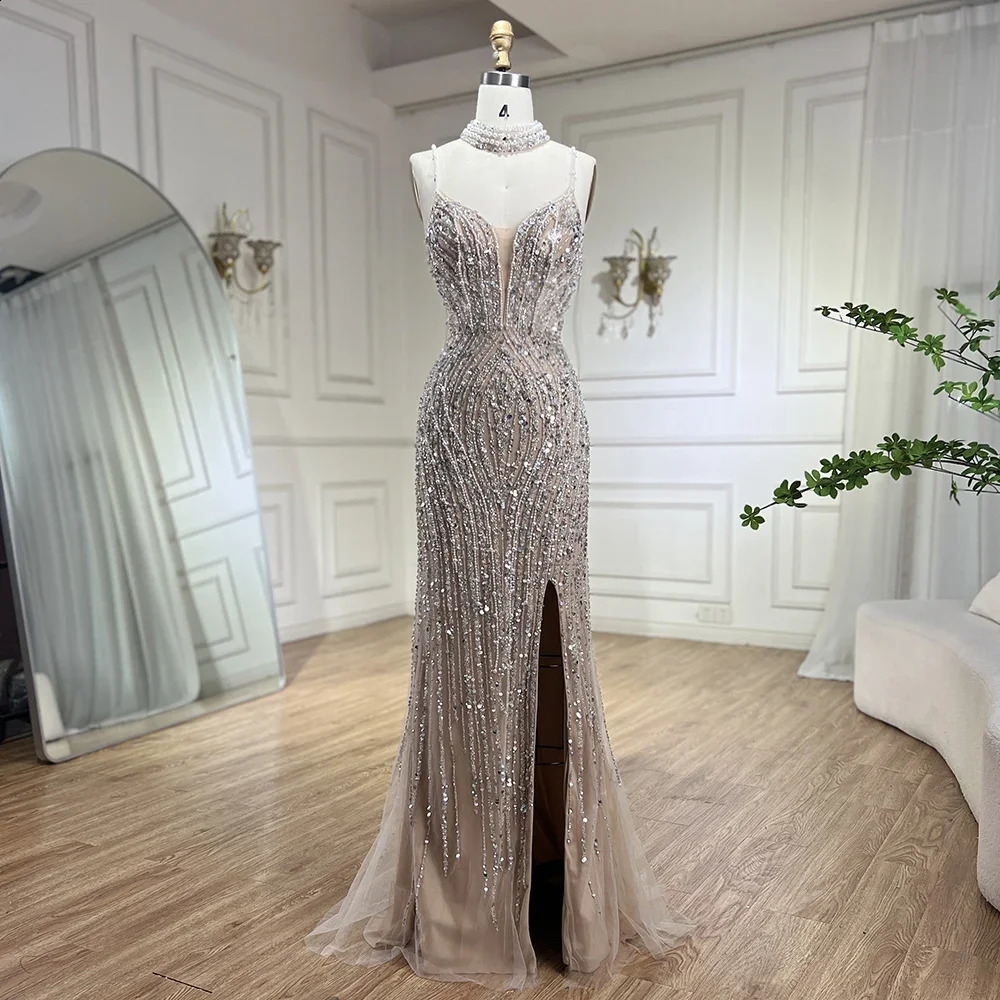 Serene Hill Silver Nude Mermaid Spaghetti with split Strap Beaded Evening Dresses Prom Gowns For Woman Party 2024 LA72047B 240709
