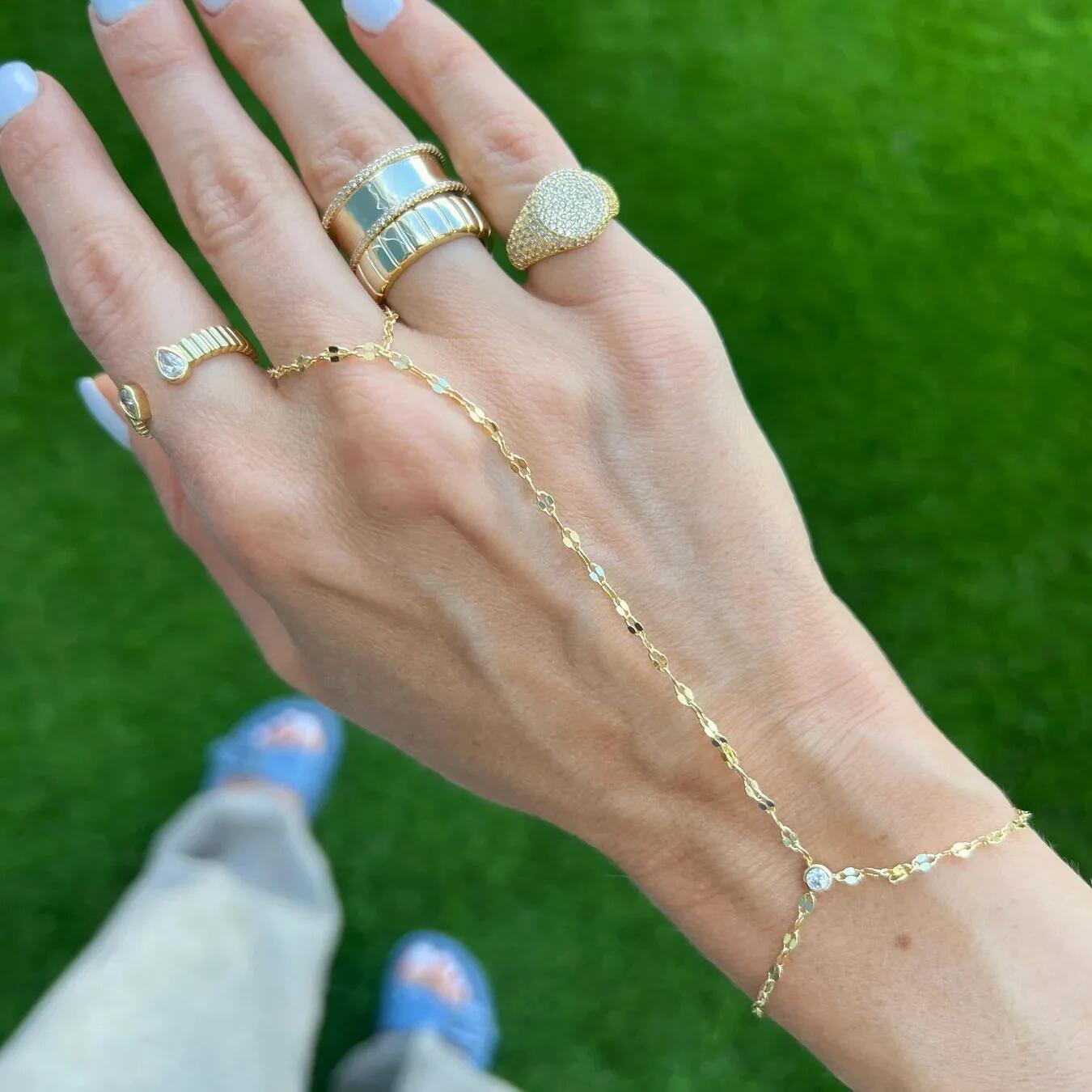 Micro Pave AAA Cubic Zirconia Link Chain Charm Round Cz Station Chain Hand Jewelry Bracelet with Ring Chains Wristlet Jewelry