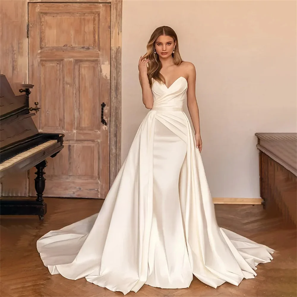 Beach Love Sexy Sweetheart Pleated Mermaid Wedding Dresses Elegant Detachable Train Sleeveless Or Length Backless Bridal Gown