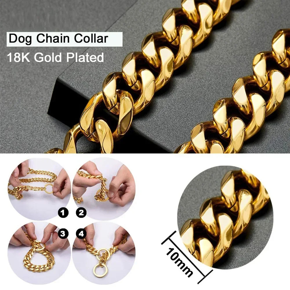 10mm Fashion Dog Cuban Link Gold Necklace Metal Puppy Jewelry Bulldog P Chain Pet Training Slip Collar 240722