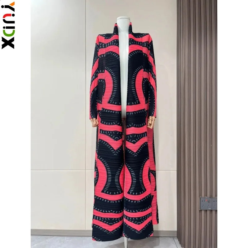 YUDX Streetwear Striped Print Pleated Long Coat Women Contrast Color Loose Belt Gathered Waist Windbreaker 240716
