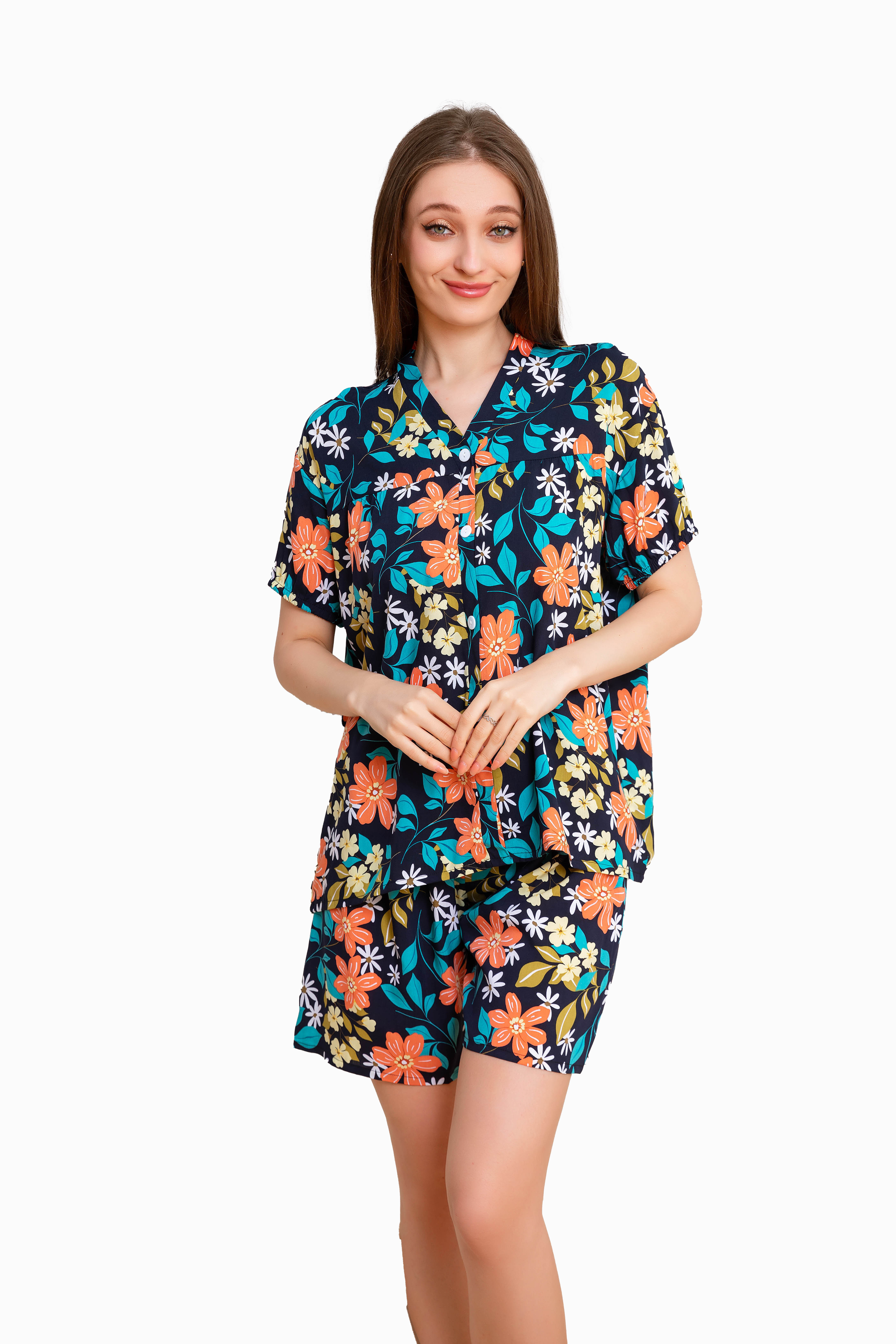 Women's Home Clothes Pajamas Black Base Leaf Red Flower Shorts Set D215