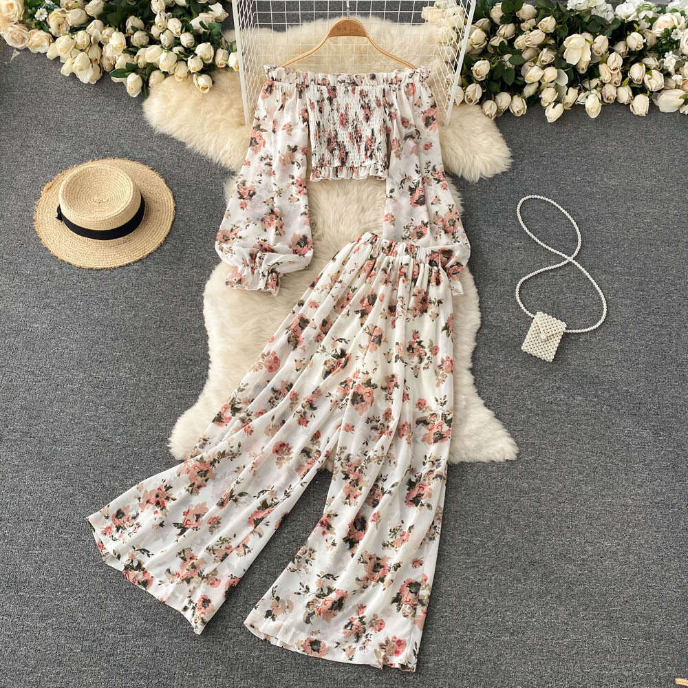 One Line Neckline Off Shoulder Bubble Sleeves, Sweet and Age Reducing French Printed Short Top, High Waisted Wide Leg Pants Two-piece Set Silk Dress