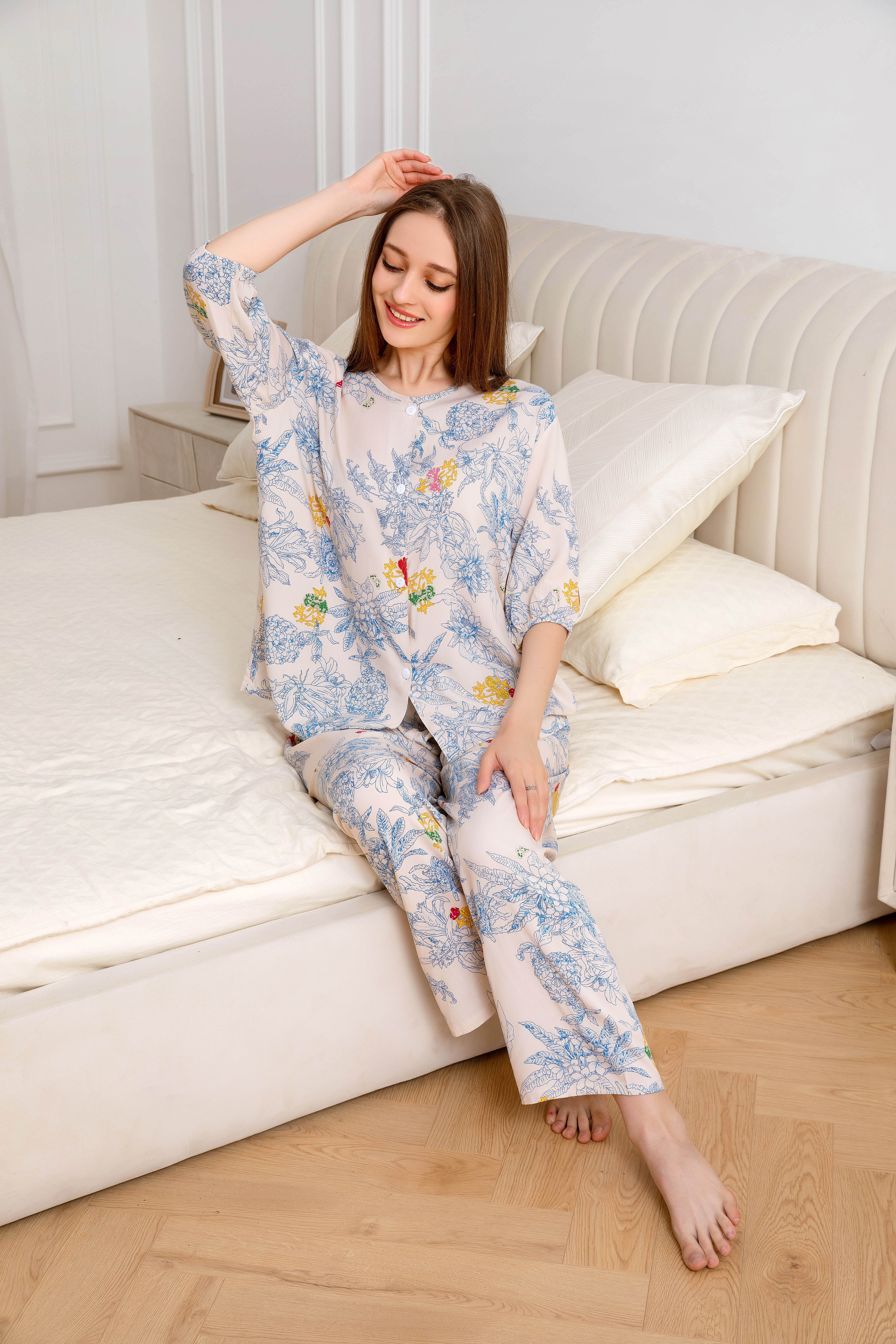 Women's home clothes, pajamas, light pink blue floral stamen pants set C207
