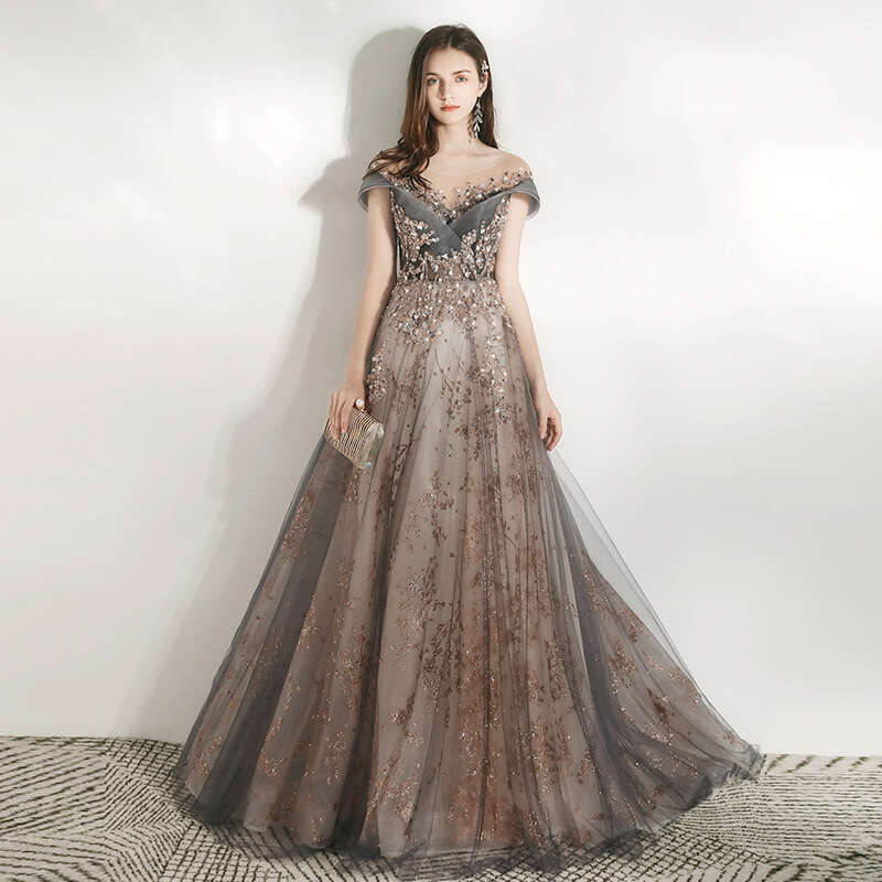 Banquet Elegant Evening Dresses Petals and Leaf Patterns Sequin Round Neck Slim Long Dress Off The Shoulder Prom Robe