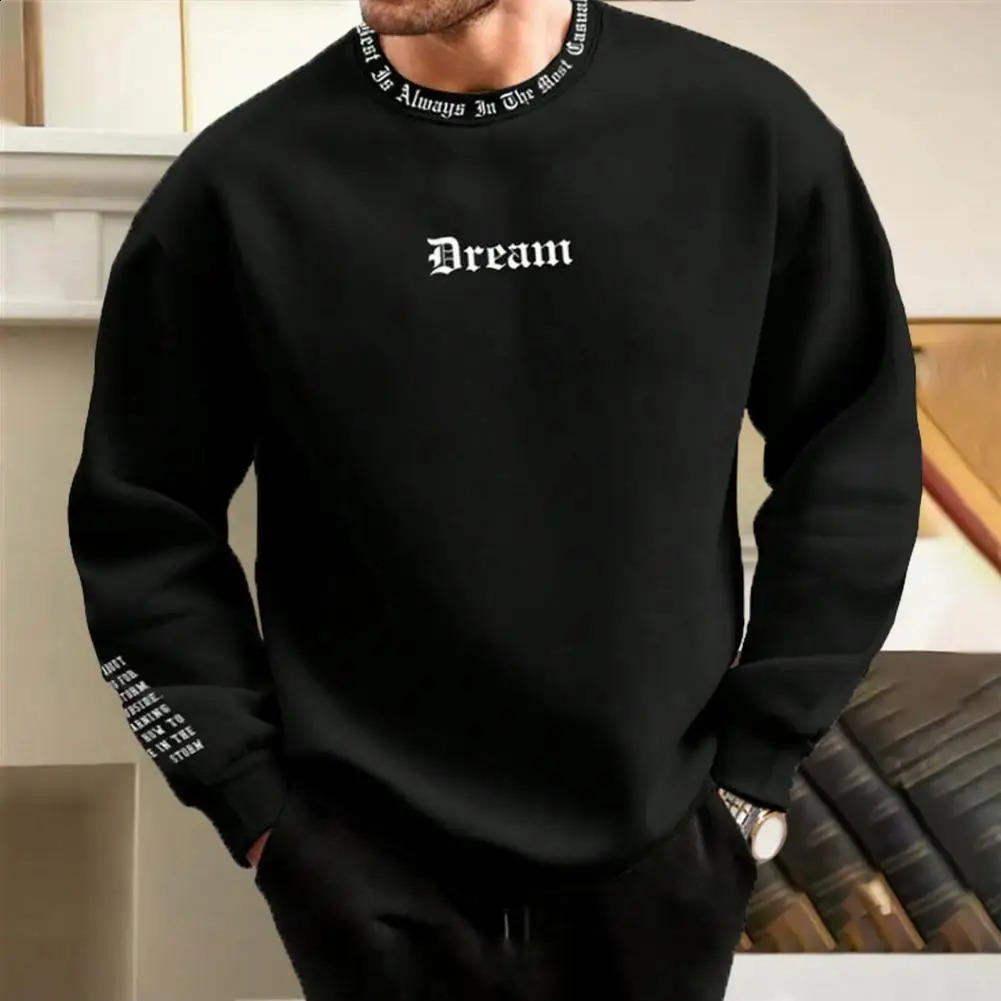 Men Fall Winter Sweatshirt Round Neck Long Sleeve Men Top Letter Print Thick Loose Warm Mid Length Men Casual Top 240820