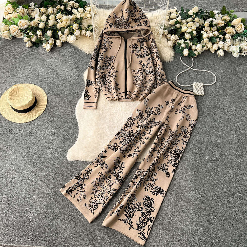 Leisure, Fashionable, Sports, Age Reducing Knitted Two-piece Set for Womens High-end Printed Hooded Sweater with High Waist and Wide Leg Pants BOHO DR