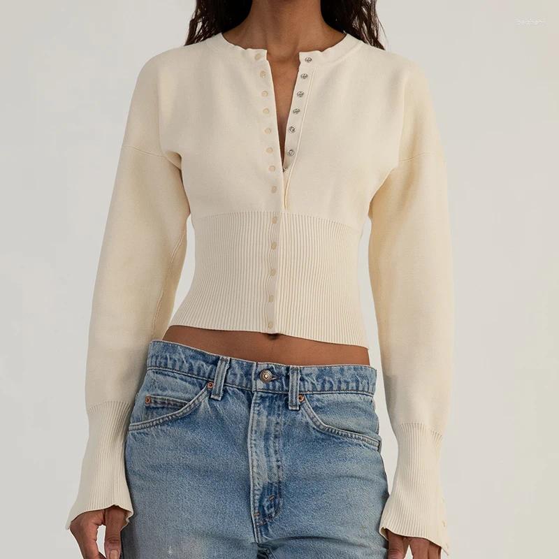Women's T Shirts Women Ribbed Knit Cardigan T-shirt Long Sleeve O-neck Slim Fit Button Crop Top 2024 Fashion Female Clothes Trendy