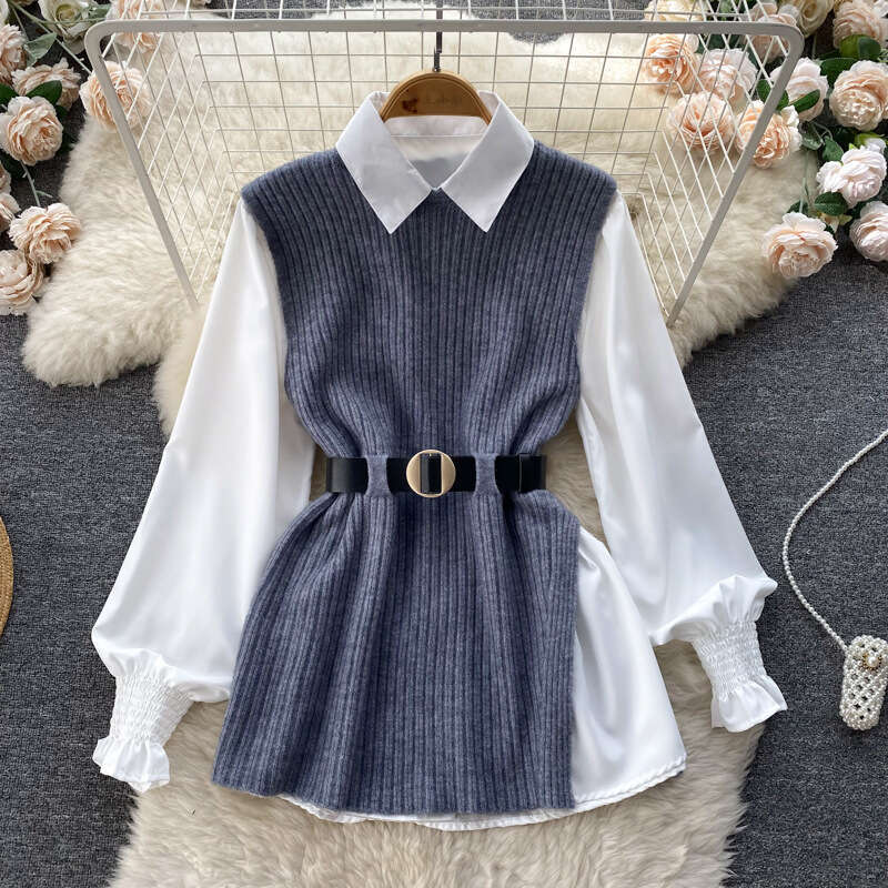 Light Luxury Celebrity Womens Loose Long Sleeve White Shirt Top+split Knitted Tank Top Vest Two Piece Set 0.4kg Sexy Dress Short Temperament Sexy Deni