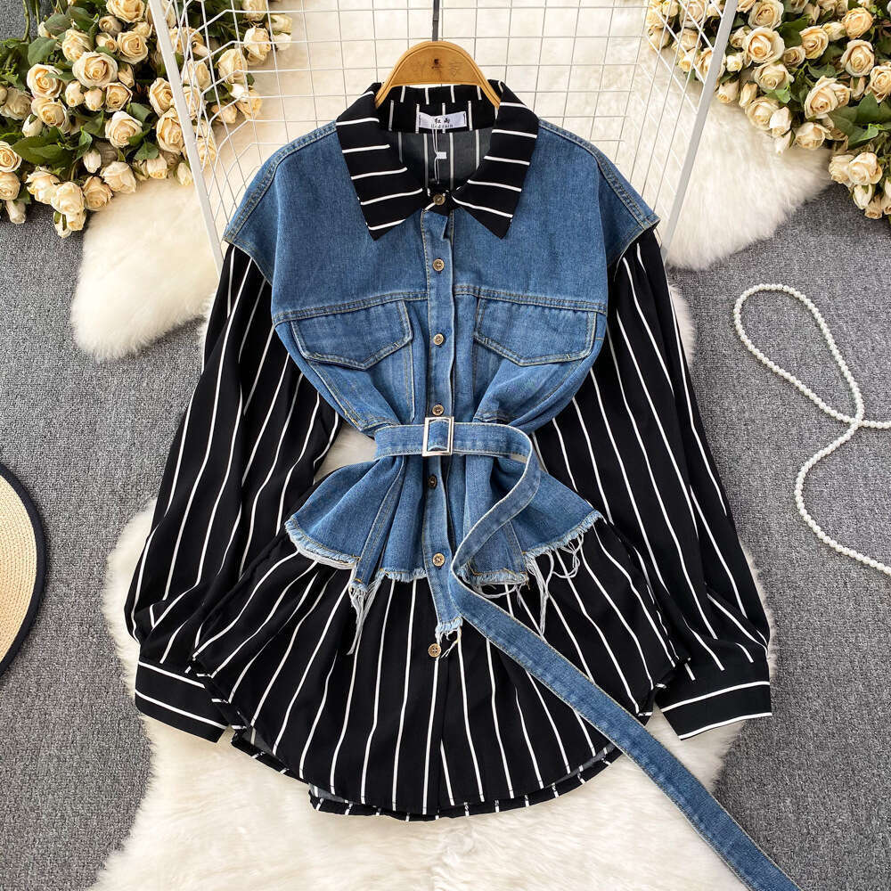 Spring and Autumn Korean Style Fake Two Loose Denim Vests with Striped Shirts for Womens Casual Irregular Top Temperament Novelty Oversize Dress Silk 