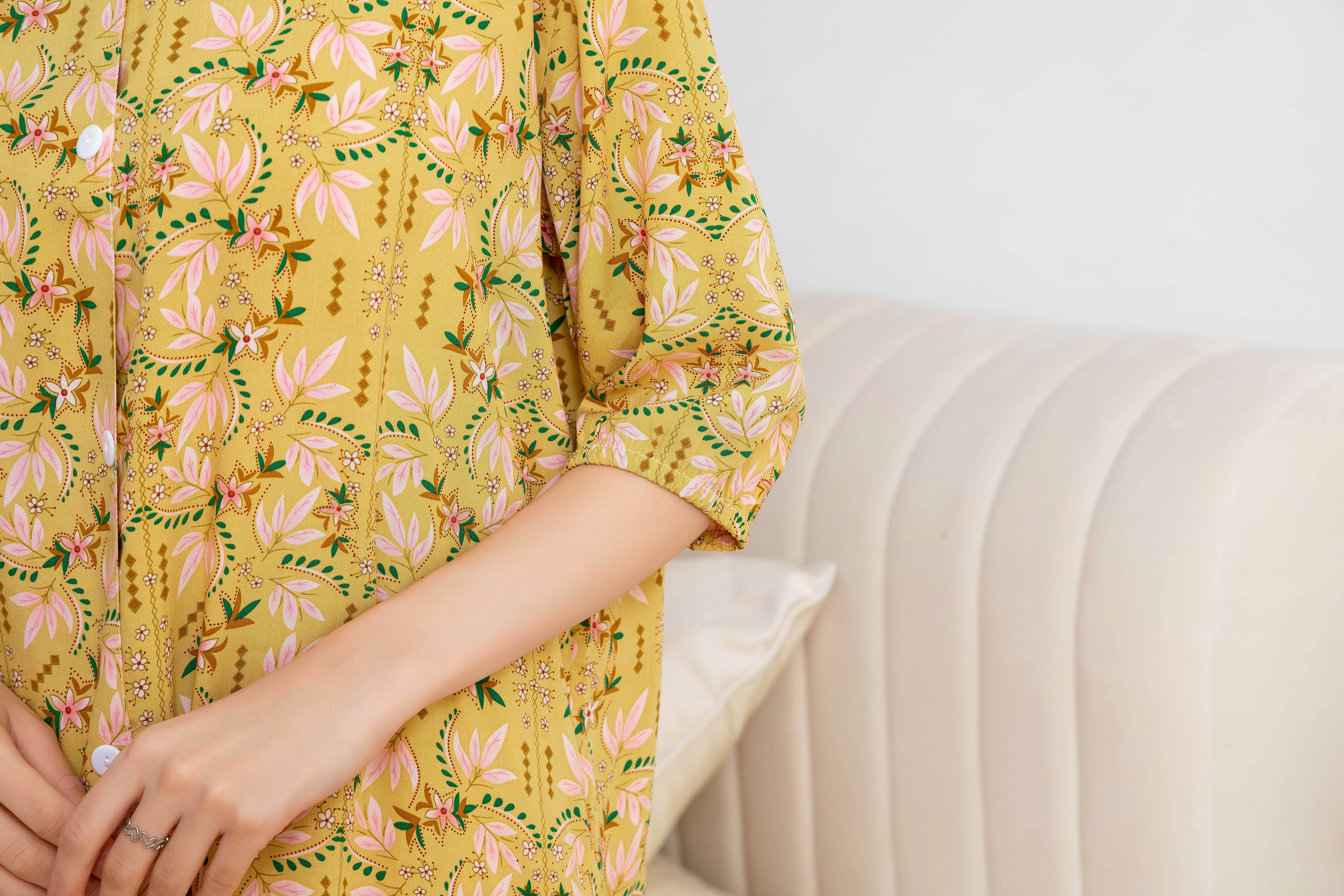 Women's Home Clothes Pajamas Yellow Base Pink Leaf Pants Set C206