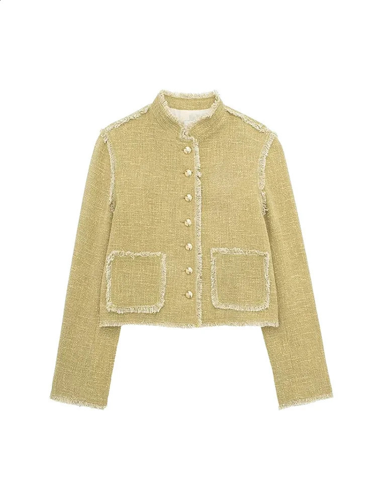 Elegant Tweed Womens Coat Fashion Single Breasted Stand Collar Pockets Jacket Spring Office Lady Female Furry Edge Outwear 240806