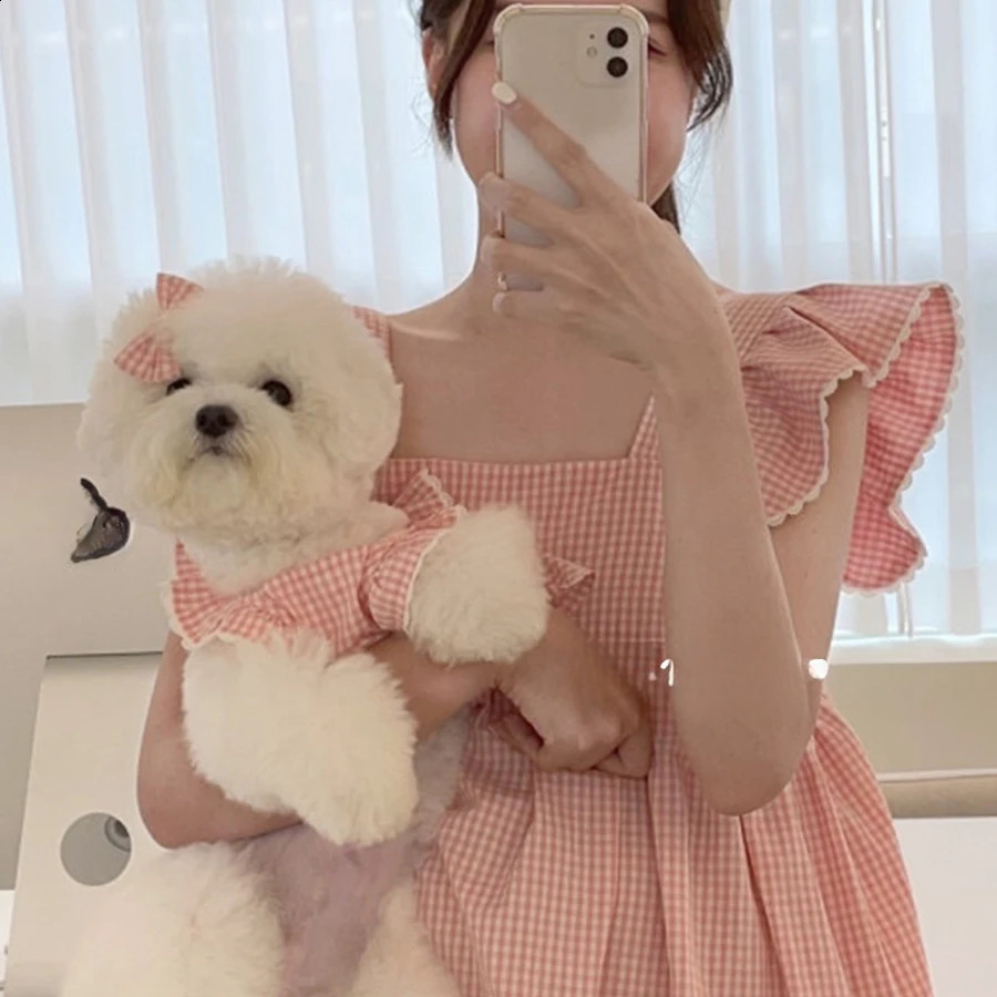 Princess Pink Plaid Dress Pet Clothing Teddy Pomeranian Bears Small Dog Cat Skirt 240722 H260130