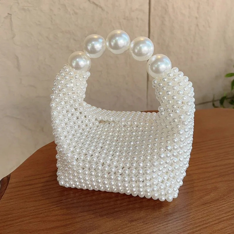Beaded Woven Tote Bags for Women Pearl Purses and Handbags Ladies Evening Party Hand Holiday Purse 240819
