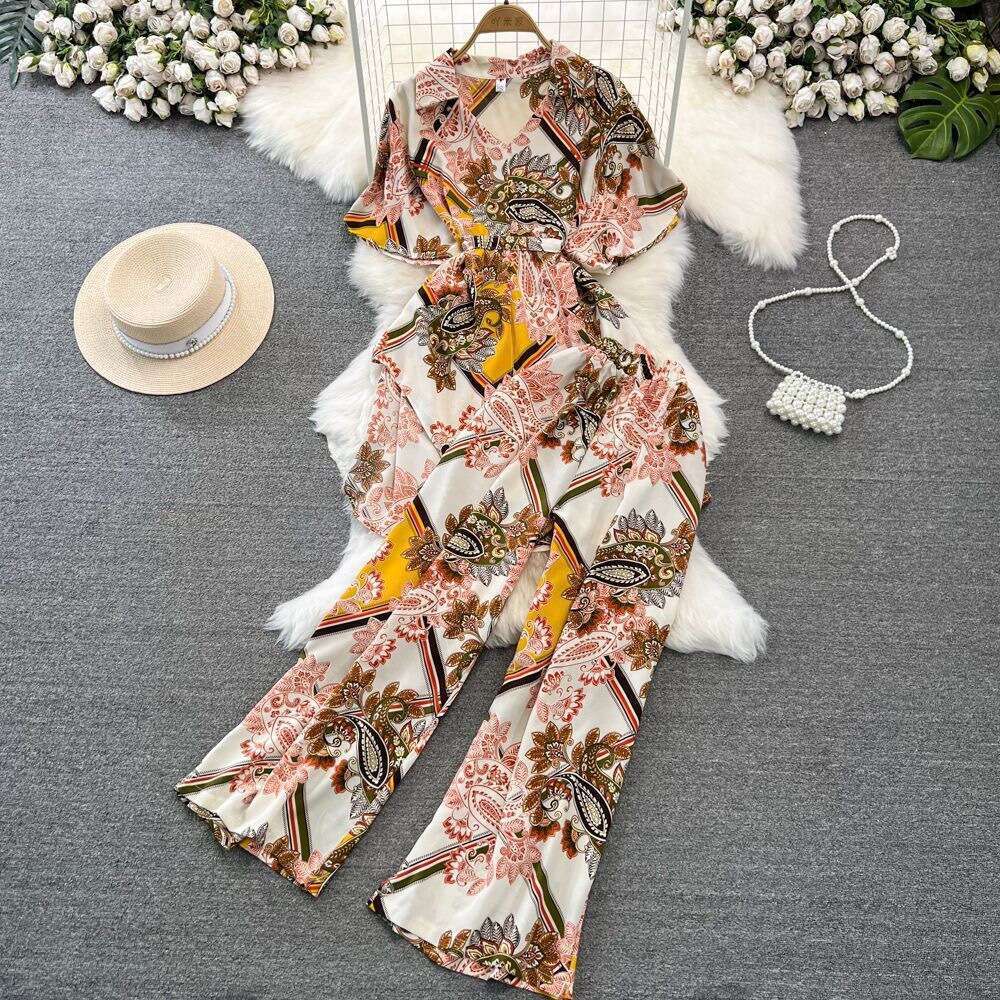 Short Sleeved Loose Single Breasted Tie Up Waist Cinching Printed Shirt Two-piece High Waisted Wide Leg Pants Fashion Set for Women Sexy Loose Denim D