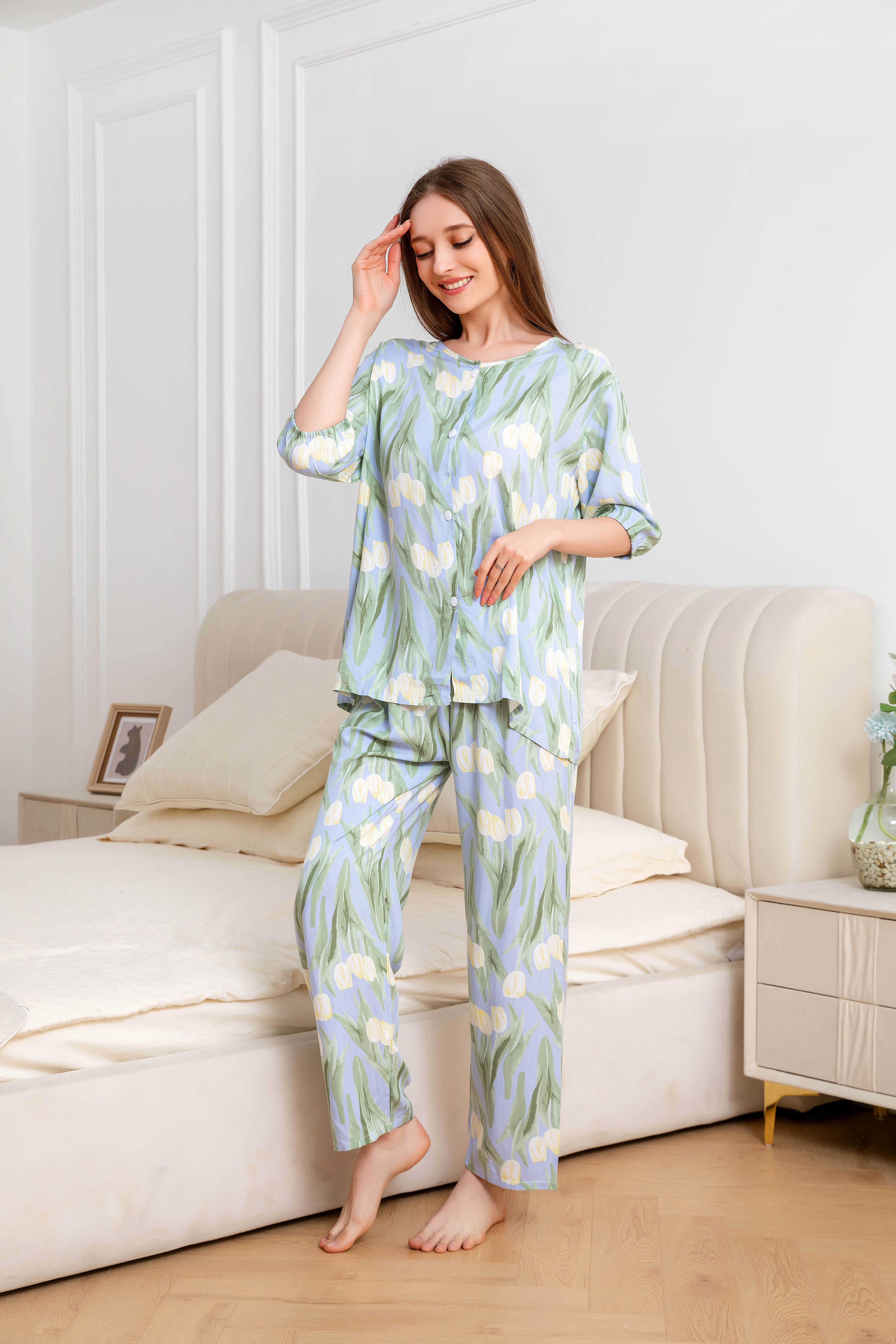 Women's Home Clothes Pajamas Blue Green Leaf Lily Pants Set C211