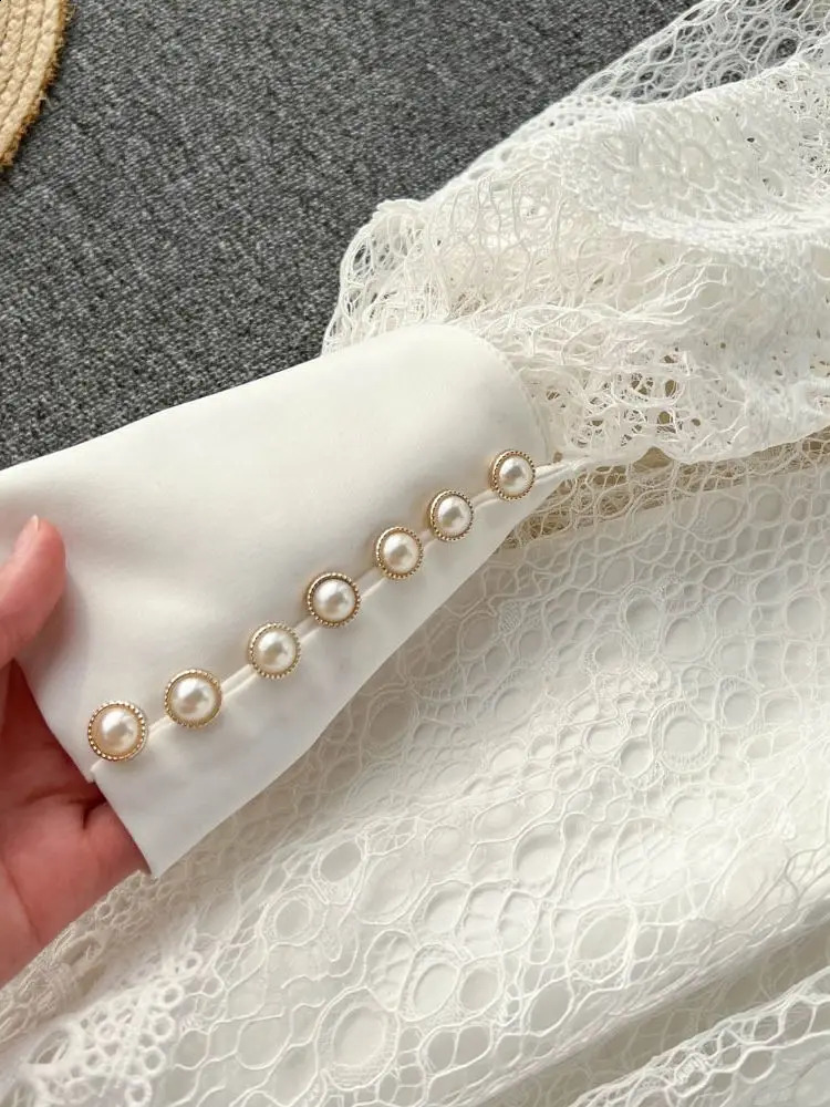 Vintage Flower Embroidery Hollow Out Lace Dress Womens Stand Collar Long Lantern Sleeve Pearls Buttons Casual Party Vestidos 240717