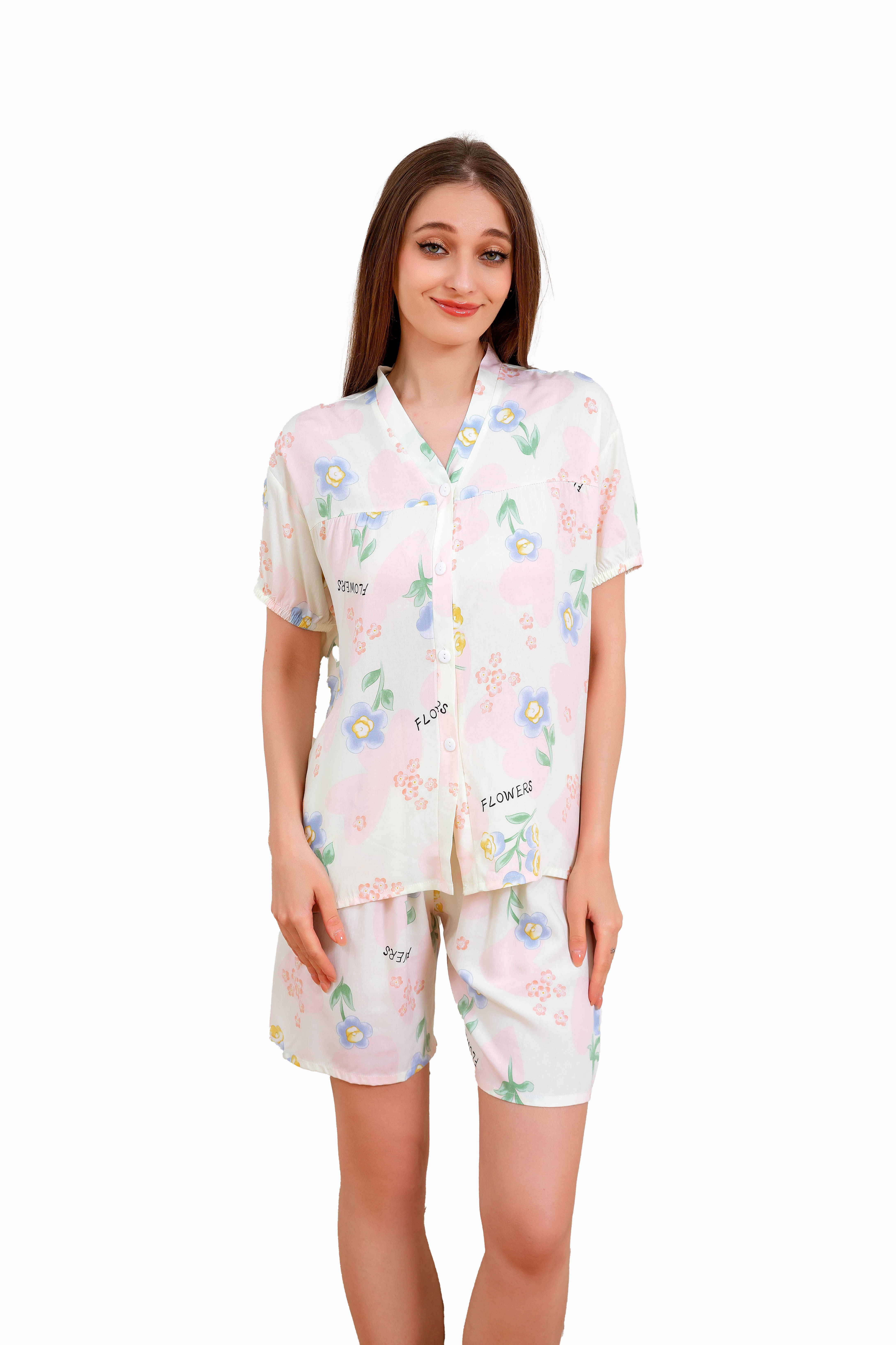 Women's Home Clothes Pajamas Blue Green Leaf Lily Shorts Set D214