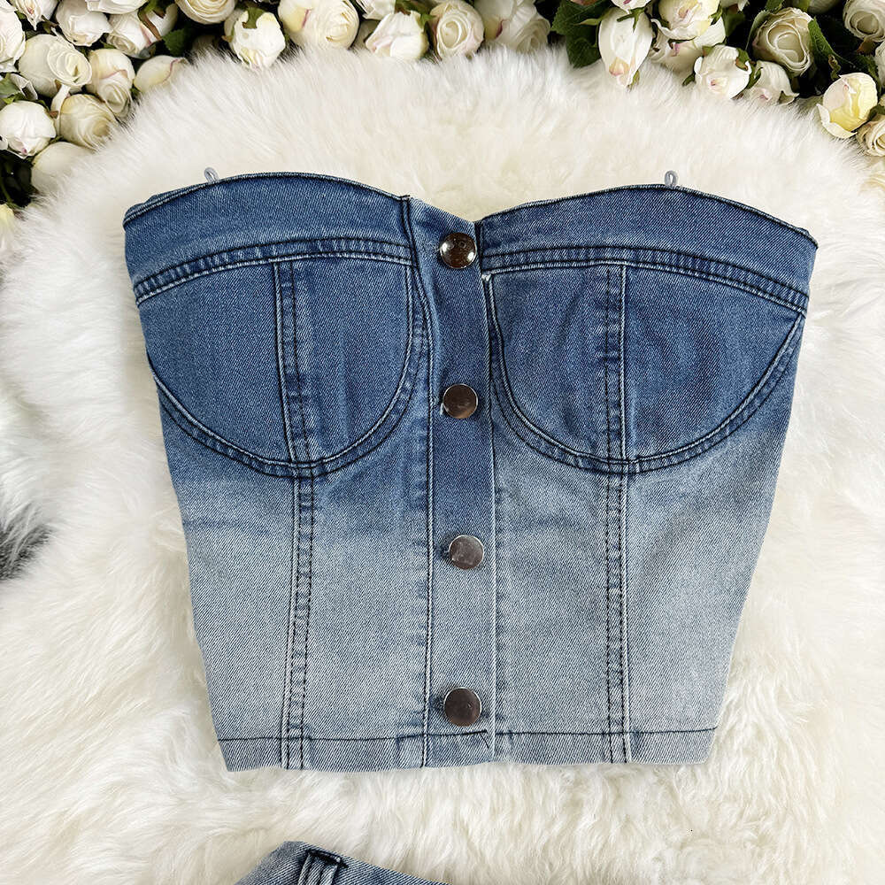 Summer New Sweet and Spicy Style Gradient Color Bra Denim Top Irregular Split High Waist Perforated Half Skirt Set of Two Short Silk Dress Round Neck 