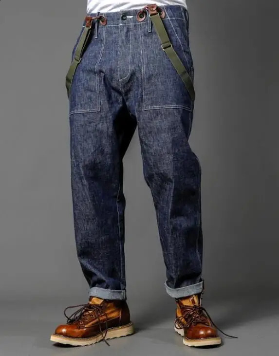 Mens Straight Shoulder Strap Jeans Loose Denim Overall Casual Multi Pocket Bib Jeans 240814