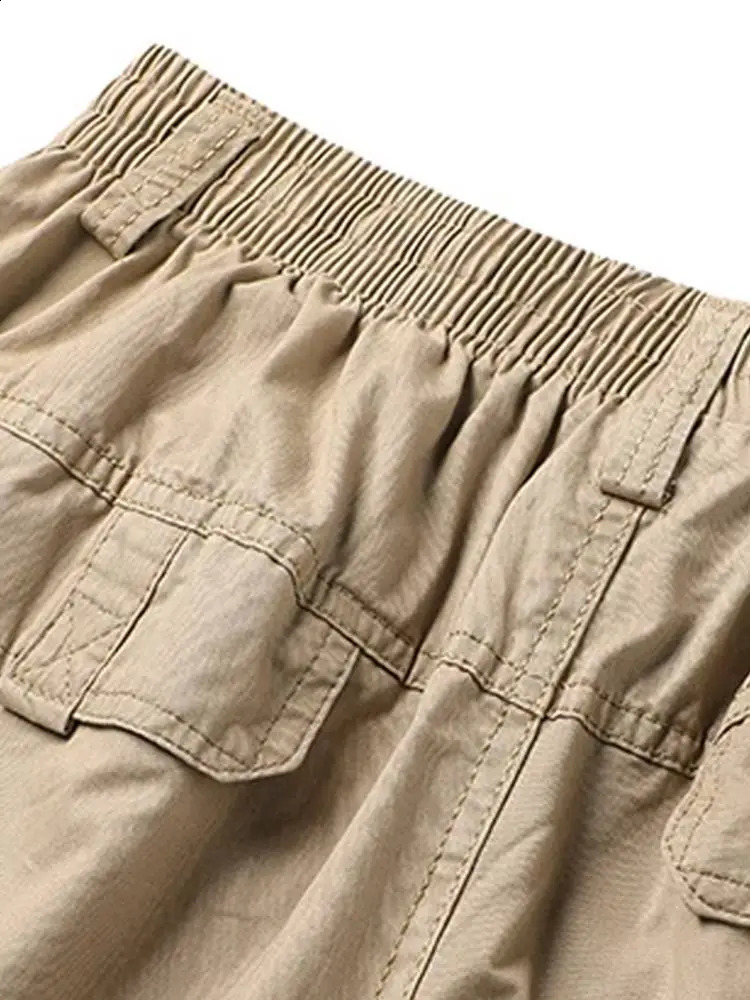 Mens Solid Elastic Waist Cargo Pants Summer Cotton Pocket Work Wear Casual Climbing Joggers Sweatpants Hombre Autumn Trousers 240723