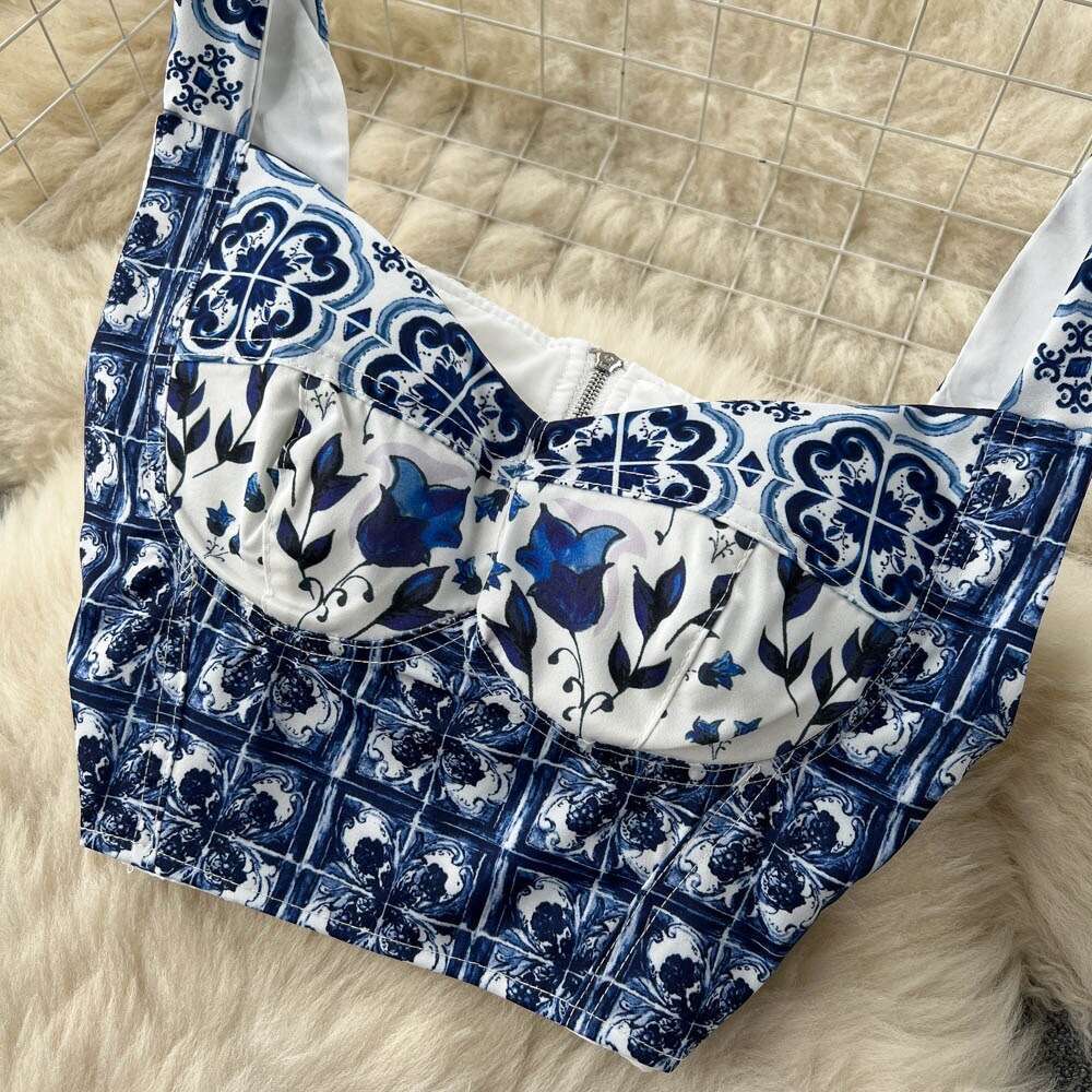 Blue and White Porcelain Printing Set for Womens Three Dimensional Chest Cushion Short Bra Sling+two Pleated Skirts Bifurcated High Waist Dress BOHO D