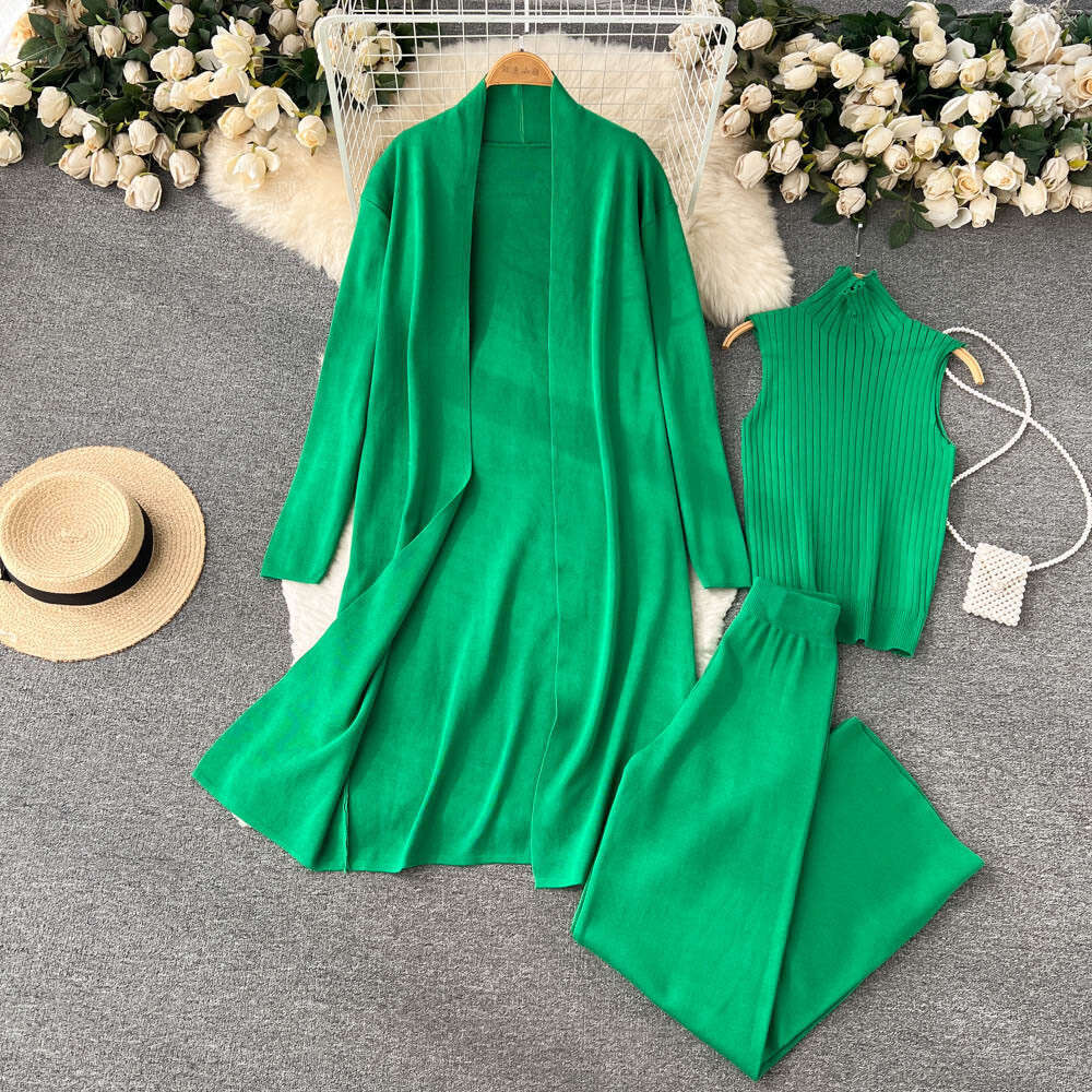 Autumn Lazy Loose Knitted Womens Long Shawl Cardigan+high Neck Sweater+wide Leg Pants Three Piece Set Temperament Oversize Dress High Waist Dress