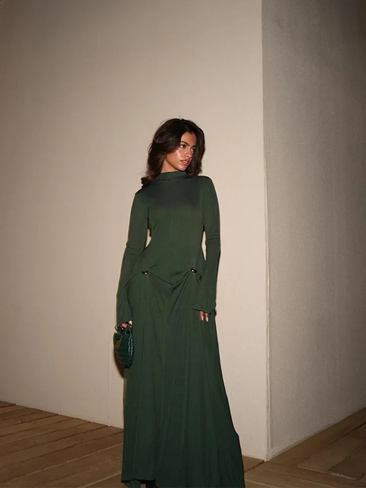 Irregular Pleated Solid Slim Maxi Dress Women Elegant Half High Collar Long Sleeved long Dresses Female Party Evening Robes 240722