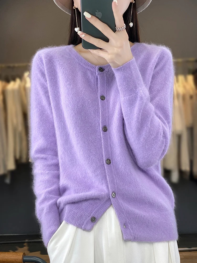 Aliselect womens cardigan wool sweater super warm pure mink cashmere Oneck loose fitting clothing solid color knitted top 240812