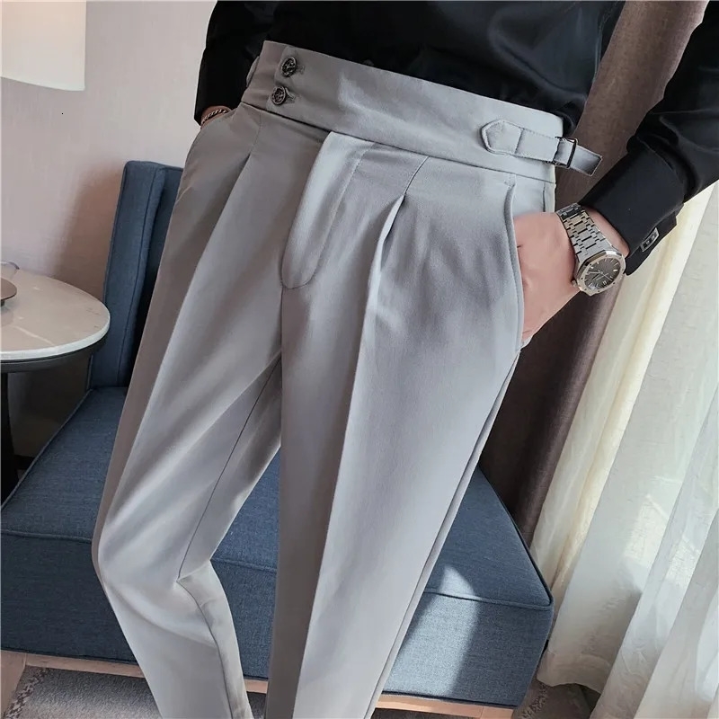 Men High Waist Trousers Autumn British Style Solid Color Casual Pants Slim Fit Formal Suit Pants Fashion Men Clothing 240722