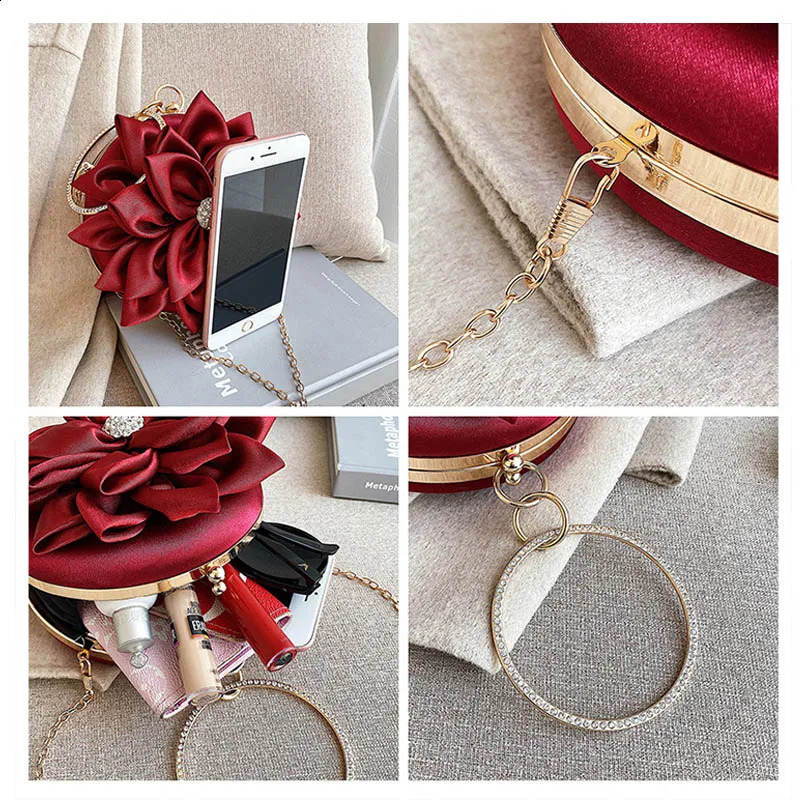Red Flower Clutch Wallet Womens Round Evening Bag Crystal Diamond Wedding Silk Handbag Exquisite Chain Shoulder FTB154 240723Zl