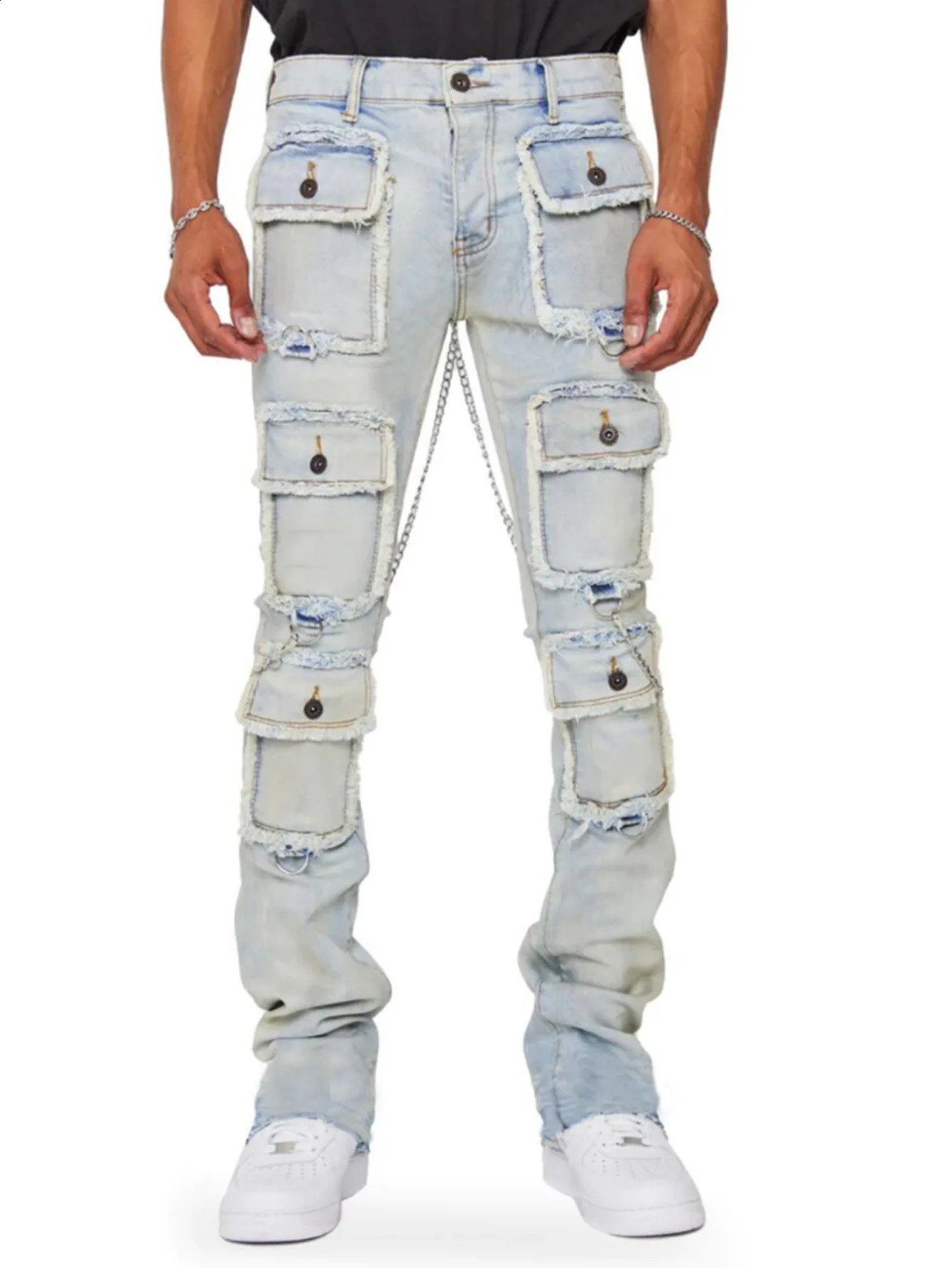 Mens stacked jeans jogging pants street multi pocket mens jeans ultra-thin fit denim jeans240812