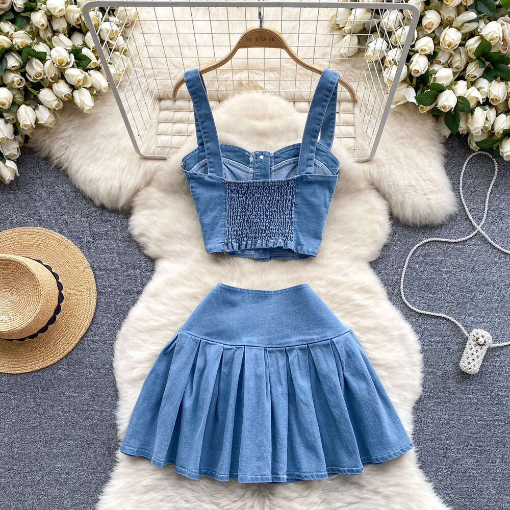 Chic Spicy Girl Style Short Camisole Vest Versatile Mini Skirt Denim Two-piece Set Trendy Bifurcated Novelty Sexy Short Temperament Silk Dress SKINNY 