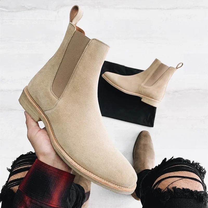 Chelsea Boots Men Handmade Business Black Red Slip on Flock Pu Cowboy Boots Sapato Masculino Men Boots 240719