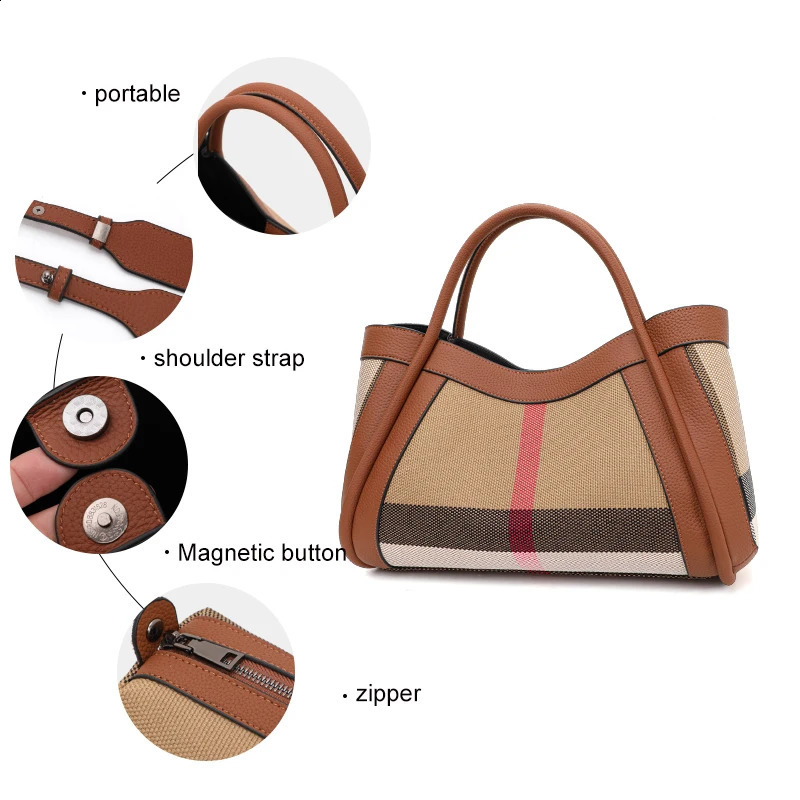 2025 Retro Checkered Womens Handbag Fashionable Advanced Large Capacity Canvas with Cowhide Mother and Child Bag 240723 4