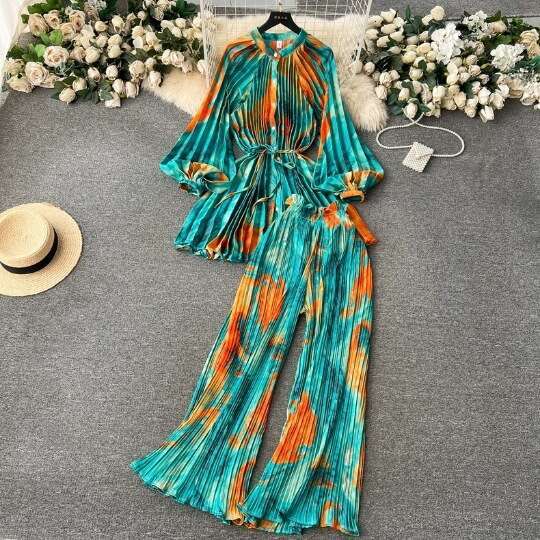Elegant and Sophisticated Style, Waist Cinched Printed Chiffon Top Shirt, Loose Casual Pleated Harlan Pants Set Short Temperament BOHO DRESS