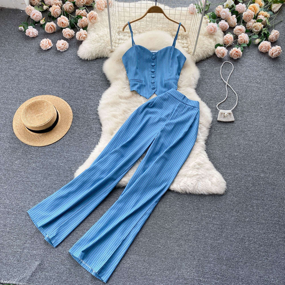 Summer 2024 New Womens Fashionable Fashionable, Light Mature Bra Stripe, Suspended Tank Top, and Pants Set of Two Novelty Waist Bifurcated SKINNY DRES