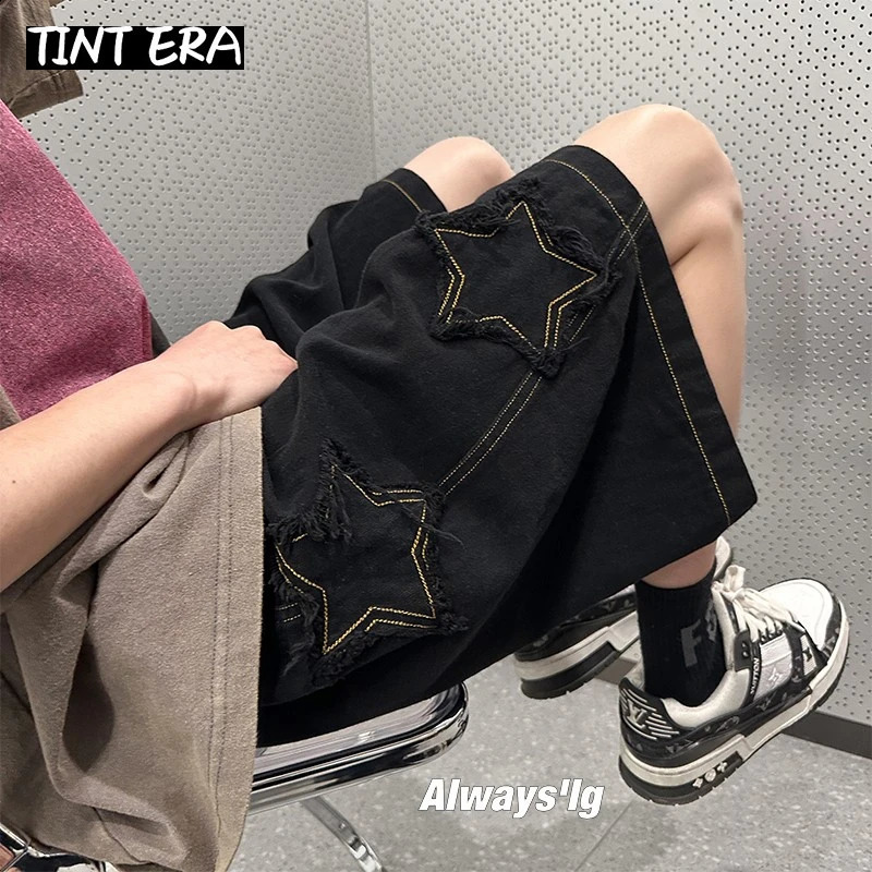 TINT ERA Y2K Mens Streetwear Breeches Star Korean Harajuku Pocket Denim Hip Hop Cargo Short Pants Grunge Bermudas Jeans Shorts 240717