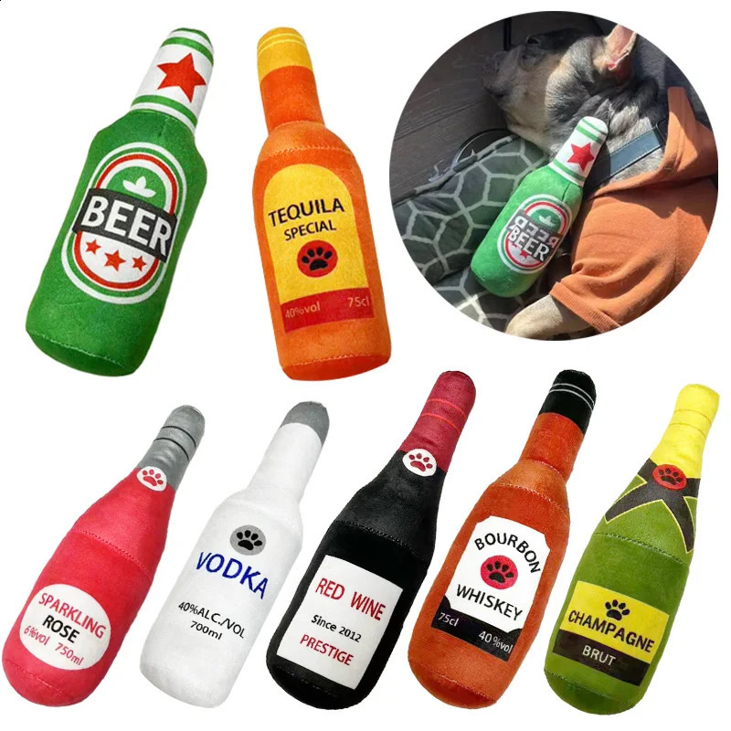 Beer Bottle Shaped Small Large Funny Plush Dog Chew Toy Squeak Sound Clean Teeth Pets Interactive Playing Supplies