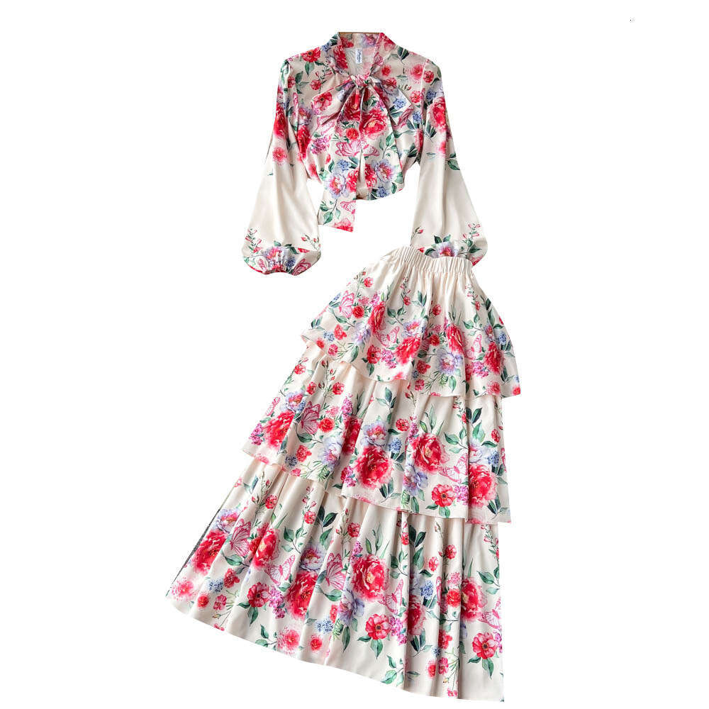 Spring Outfit New Style Temperament Sweet Print Womens Lantern Sleeve Shirt+high Waisted Cake Skirt Two-piece Set Trendy Sexy Round Neck Dress BOHO DR