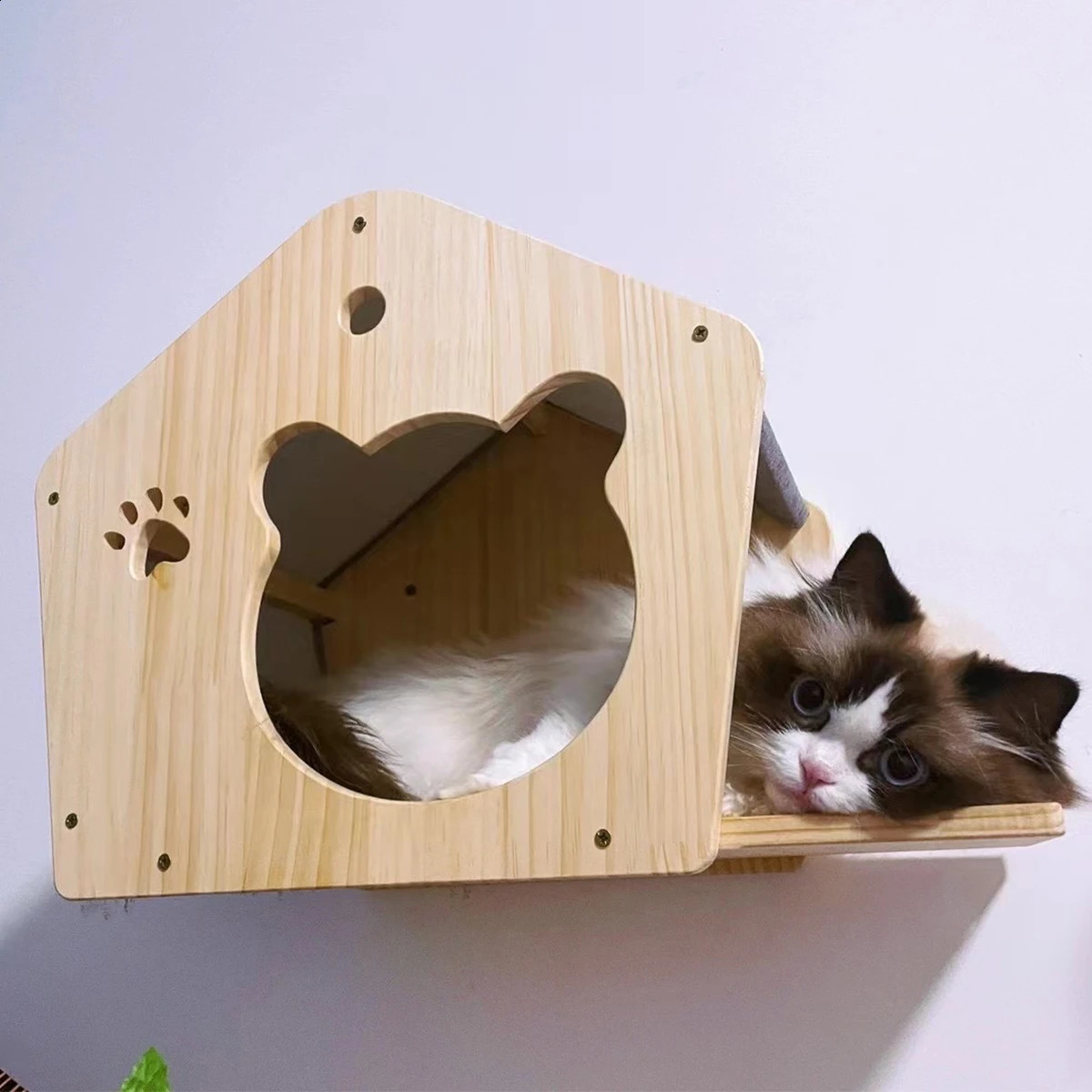Tree Wall Mounted Climbing Wooden Shees Posts Ladders with Hammock and House Cat Bridge for Kittens Perch Sleeping 240723