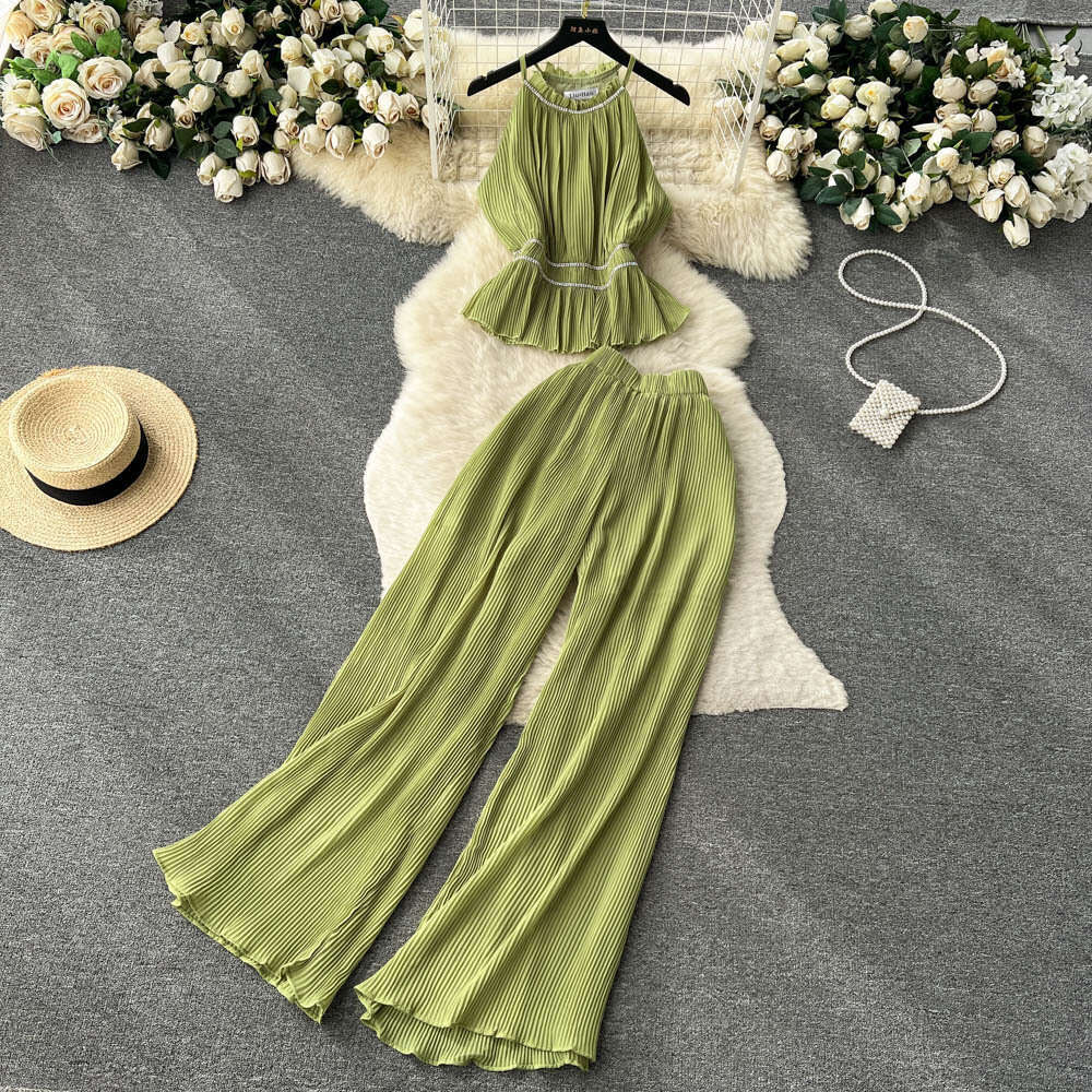 Light Luxury and Socialite Style Fashion Set, Womens Pleated Diamond Hanging Neck Vest+casual High Waisted Wide Leg Long Pants Novelty Pregnant Womens