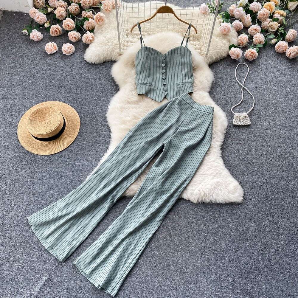 Summer 2024 New Womens Fashionable Fashionable, Light Mature Bra Stripe, Suspended Tank Top, and Pants Set of Two Novelty Waist Bifurcated SKINNY DRES
