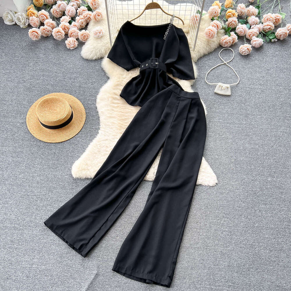 Light Mature Style Royal Sister Womens Summer 2023 New One Off Shoulder Top Versatile Wide Leg Pants Two Piece Set Trendy Novelty Short Waist Round Ne