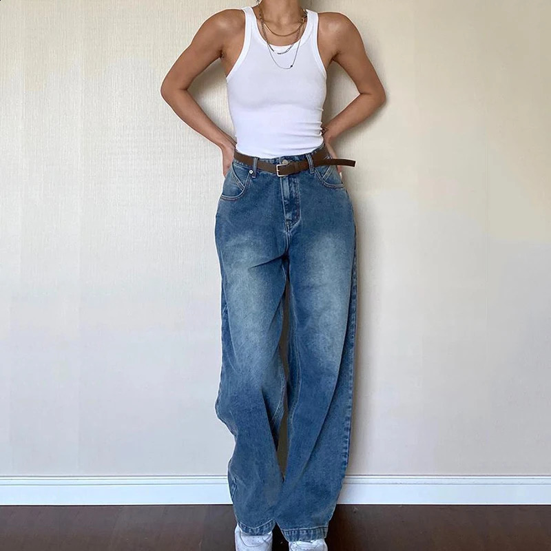 Rimocy 2024 Dark Blue Baggy Jeans Women Grunge Y2K High Waist Wide Leg Denim Trousers Woman Fashion Boyfriend Mom Pants Female 240821